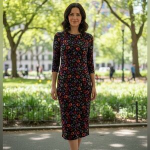 Farm Rio Sz L Colorful Leopard Print Whimsical Bodycon Midi Stretchy Dress